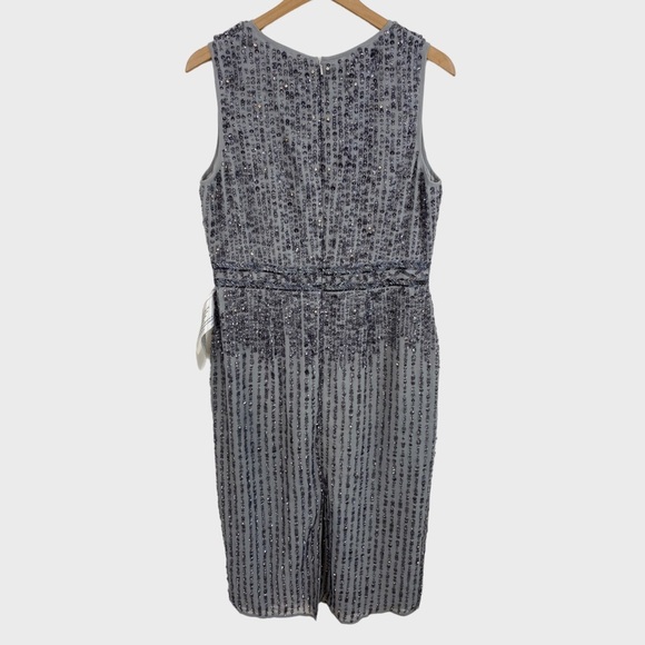 Mac Duggal NWOT Platinum Blue Grey Hand Embellished Sequin Cocktail Midi Dress - Picture 3 of 8